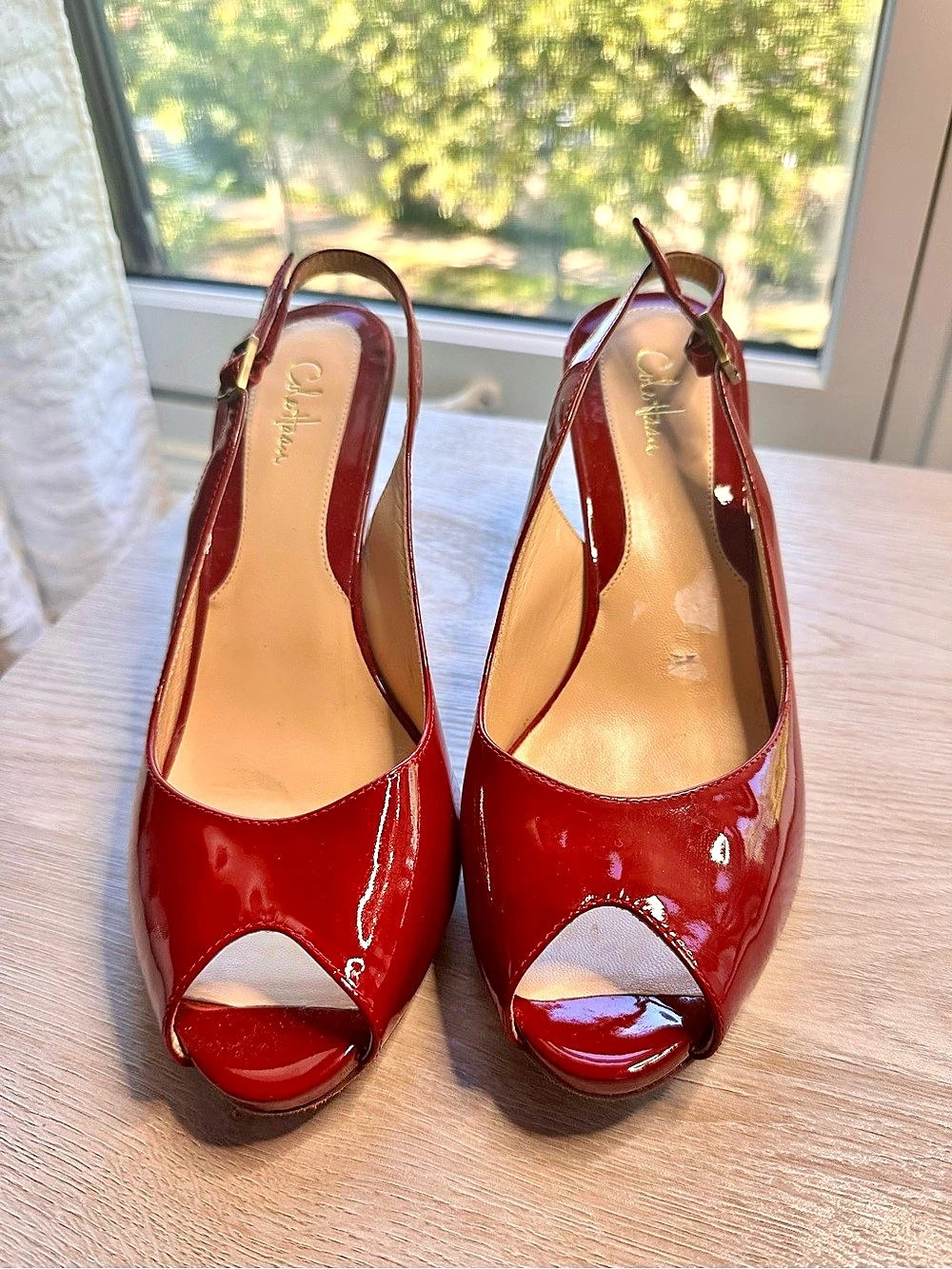 Cole Haan Red Patent Leather Peep Toe Slingback Heels 8.5B 3” Heel